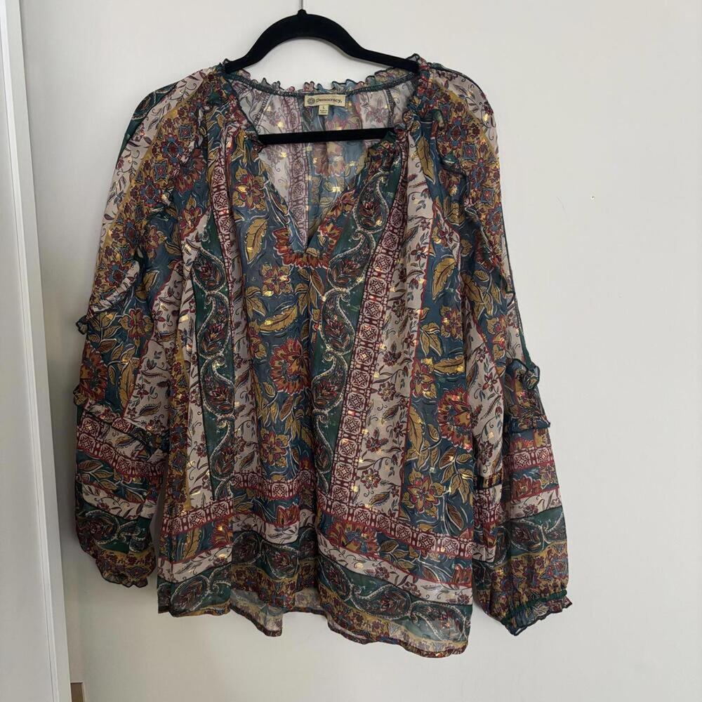 Democracy floral BoHo printed metallic thread sheer peasant blouse tunic
